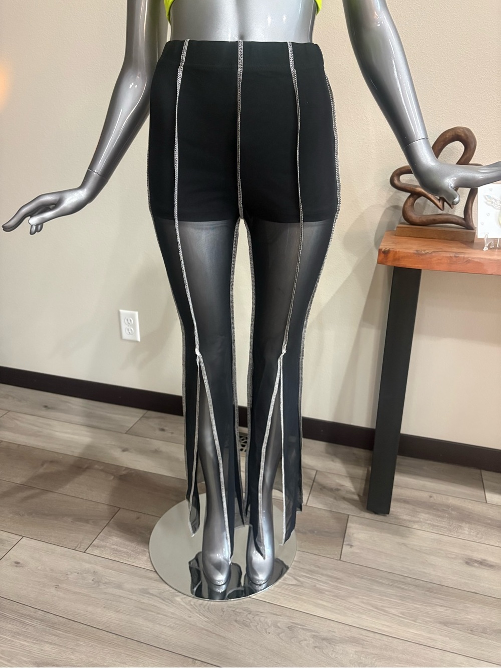 Black Wide-Leg Mesh Panel Pants with Contrast Seams